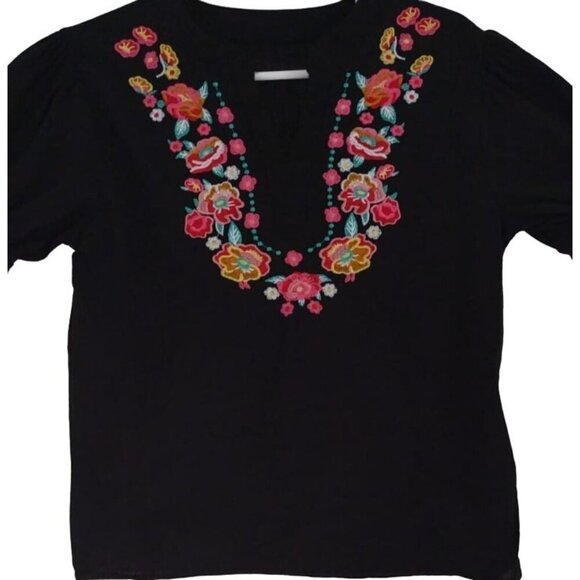 Womens Floral Embroidered Black Short Sleeve Blouse, 100% Cotton, Size S - Picture 5 of 7